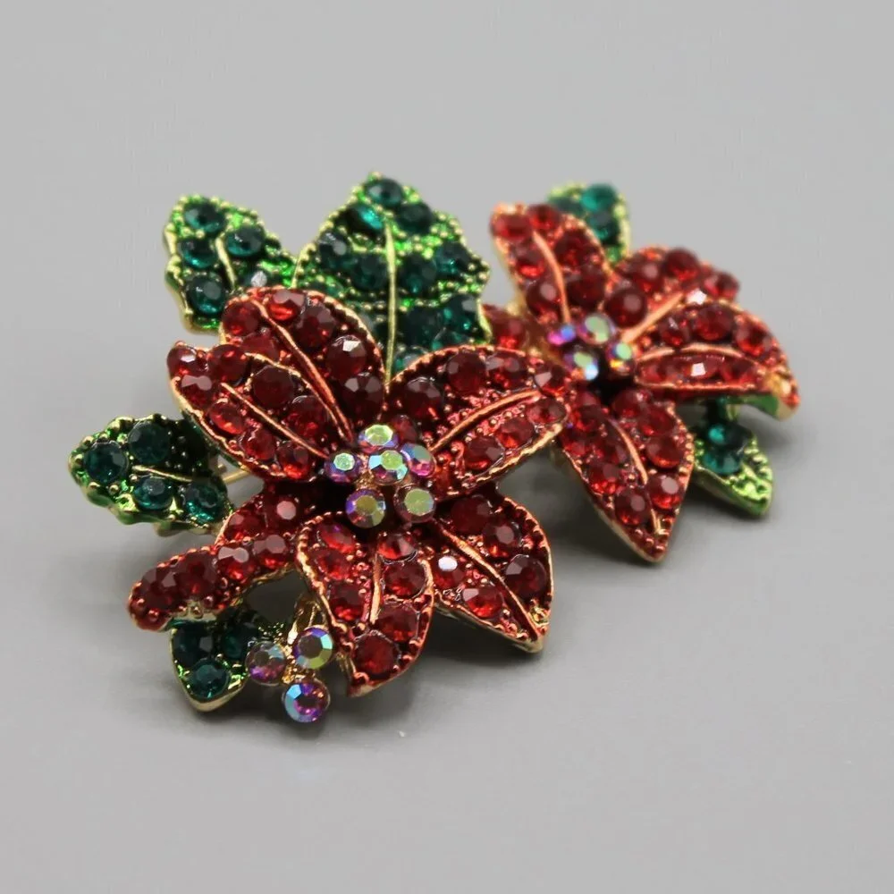 Poinsettia flower pin brooch jewelry Holidays Christmas yellow gold red green